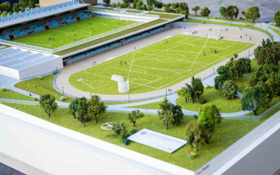 Vizualizácia štadióna Športového centra polície, na ktorom sa začala prvá etapa obnovy v bratislavskej mestskej časti Dúbravka. FOTO TASR/JAKUB KOTIAN